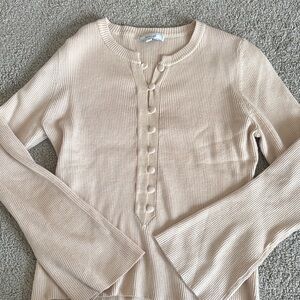 RIHOAS Beige Ribbed Long Sleeve Top,Cardigan